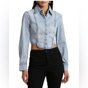 Avec Les Filles Light Blue Tuxedo Denim Crop Long Sleeve Shirt Medium